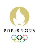 officiel logo de olympique Jeux 2024 dans Paris, France. formel symbole de été Jeux olympiques Jeux - anneaux avec d'or Feu. vecteur illustration isolé sur blanc Contexte