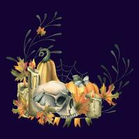 Humain crâne avec Orange citrouilles, bougies, nuit papillons de nuit, toiles d'araignées et l'automne feuilles. main tiré aquarelle illustration pour Halloween et journée de le mort. couronne sur une foncé violet Contexte. vecteur