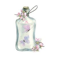 aquarelle illustration de une papillon dans une verre bouteille avec Pomme fleurs dans rose et lilas tons. une délicat composition pour le décoration et conception de des souvenirs, affiches, cartes postales, impressions vecteur