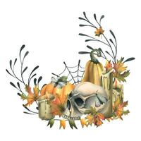 Humain crâne avec Orange citrouilles, bougies, nuit papillons de nuit, toiles d'araignées et l'automne feuilles. main tiré aquarelle illustration pour Halloween et journée de le mort. couronne sur une blanc Contexte. vecteur