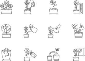 Ensemble d'icônes linéaires parfaites de pixel de soin de plante d'intérieur vecteur
