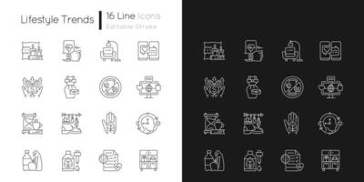 icônes linéaires de tendances de style de vie définies pour le mode sombre et clair vecteur
