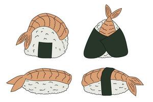 sushi dessiné à la main et onigiri aux crevettes. plats de cuisine traditionnelle japonaise. ensemble de cliparts de cuisine asiatique vecteur