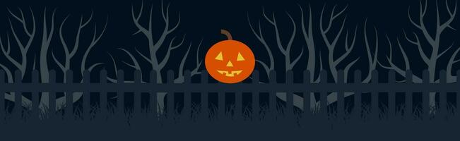 content Halloween de fête bannière avec citrouille tête sur le clôture à nuit. vecteur illustration.