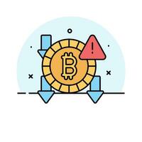 vers le bas flèches et avertissement signe avec bitcoin montrant concept vecteur de bitcoin fraude