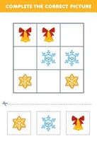 éducation Jeu pour les enfants Achevée le correct image de une mignonne dessin animé flocon de neige biscuit et cloche imprimable hiver feuille de travail vecteur