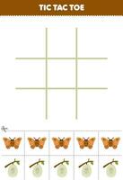 éducation Jeu pour les enfants tic tac doigt de pied ensemble avec mignonne dessin animé papillon de nuit et cocon image imprimable punaise feuille de travail vecteur