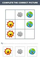 éducation Jeu pour les enfants Achevée le correct image de une mignonne dessin animé Soleil lune et Terre planète imprimable solaire système feuille de travail vecteur