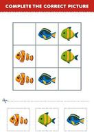 éducation Jeu pour les enfants Achevée le correct image de une mignonne dessin animé poisson imprimable sous-marin feuille de travail vecteur