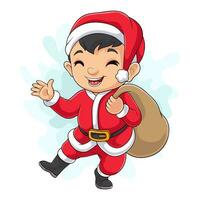 dessin animé Père Noël garçon dans rouge vêtements en portant cadeau et agitant vecteur