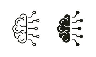 Humain cerveau, réseau puce La technologie pictogramme. artificiel intelligence symbole collection sur blanc Contexte. ai innovation concept ligne et silhouette icône ensemble. isolé vecteur illustration.