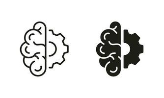 La technologie innovation concept, stratégie pense symboles. moitié de Humain cerveau et moitié de équipement ligne et silhouette icône ensemble. artificiel intelligence pictogramme. isolé vecteur illustration.