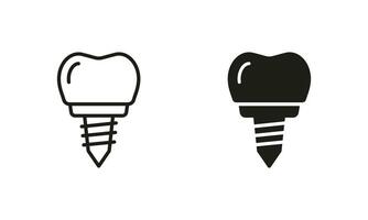 dentaire implant vis silhouette et ligne Icônes ensemble. dent se soucier et restauration pictogramme. oral médecine, dentier technologie. dentaire traitement noir symbole collection. isolé vecteur illustration.