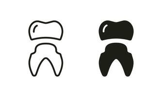 dentaire couronne silhouette et ligne Icônes ensemble. oral se soucier, les dents protection implant pictogramme. orthodontique dentier, dent couronne. dentaire traitement noir symbole collection. isolé vecteur illustration.