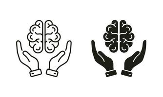 neurologie, psychologie ligne et silhouette icône ensemble. Humain cerveau avec mains pictogramme. éducation, logique analyse, mémoire, esprit symbole collection sur blanc Contexte. isolé vecteur illustration.