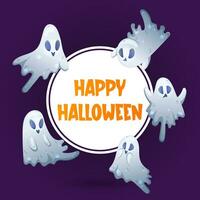 content Halloween affiche avec mignonne des fantômes sur foncé Contexte. tour ou traiter. carré forme. coloré vecteur dans dessin animé style.