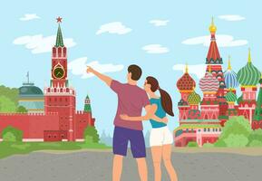 rouge carré dans le centre de Moscou dans Russie. une Jeune couple est en voyageant autour Moscou. vecteur illustration