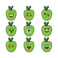 vert Pomme dessin animé personnage avec divers expressions icône ensemble. vecteur