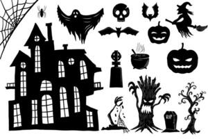 main tiré silhouette Halloween éléments collection sur blanc Contexte vecteur