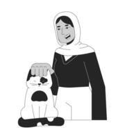 musulman hijab femme caresse chat tête noir et blanc 2d ligne dessin animé personnage. bénévole Dame avec chaton isolé vecteur contour personne. femelle vétérinaire monochromatique plat place illustration