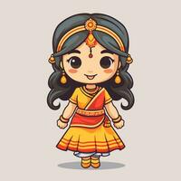 Indien fille dans traditionnel costume. mignonne dessin animé personnage. vecteur illustration.