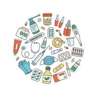 médicaments, médicaments, pilules, bouteilles et éléments médicaux de soins de santé. vecteur
