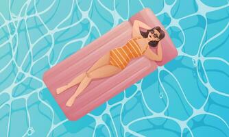 une dessin animé Jeune femme mensonge dans une maillot de bain sur un air matelas portant des lunettes de soleil sur le surface de le l'eau. été mer vacances concept vecteur