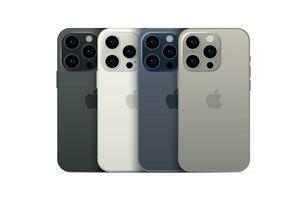 Nouveau Pomme iphone 15 pro, moderne téléphone intelligent gadget, ensemble de 4 pièces dans Nouveau original couleurs - vecteur