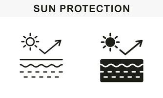 uv peau protection ligne et silhouette icône ensemble. réfléchir ultra-violet radiation de peau symbole collection. bloquer solaire lumière. Arrêtez ultra-violet des rayons, spf crème pictogramme. isolé vecteur illustration.