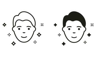 en bonne santé, Frais Masculin visage avec nettoyer peau pictogramme. homme avec beauté visage peau ligne et silhouette noir icône ensemble. faciale soins de la peau, hygiène symbole collection. isolé vecteur illustration.