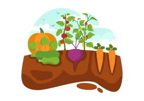 croissance des légumes vecteur illustration avec récolte, agriculture divers légume et biologique Naturel surgir à une jardin dans des gamins dessin animé Contexte conception
