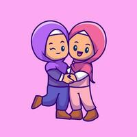 couple fille musulman célébrer eid mubarak dessin animé vecteur icône illustration. gens religion icône concept isolé prime vecteur. plat dessin animé style