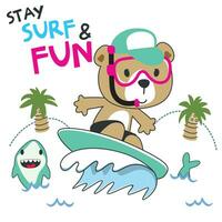 surfant temps avec mignonne peu ours à été. pouvez être utilisé pour T-shirt impression, les enfants porter mode conceptions, bébé douche invitation cartes et autre décoration. vecteur