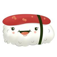 mignonne Sushi dans kawaii style avec souriant visage.japonais rouleau.vecteur 3d pour T-shirt impression, autocollant, salutation carte, menu conception. vecteur illustration