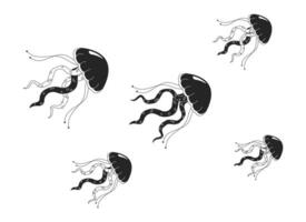 essaim méduse nager ensemble noir et blanc 2d ligne dessin animé objet. groupe de gelée méduse flottant isolé vecteur contour article. mer créatures sous-marin monochromatique plat place illustration