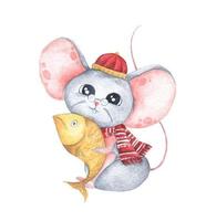 petite souris tenant un poisson. illustration à l'aquarelle. vecteur