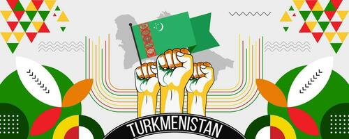 turkménistan nationale ou indépendance journée abstrait bannière conception avec drapeau et carte. drapeau Couleur thème géométrique modèle rétro moderne illustration conception. vert, rouge et Jaune Couleur modèle. vecteur