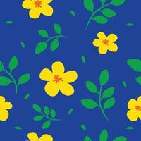 motif de fleurs jaunes avec fond bleu et feuille verte vecteur