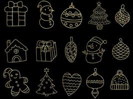 d'or Noël ornements ensemble avec des balles, flocons de neige, Chapeaux, étoile, Noël arbre, orange, chaussette, cadeau, boisson et guirlandes. vecteur