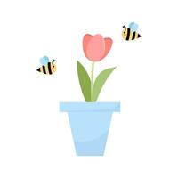 tulipe dans une pot autour lequel les abeilles voler. vecteur