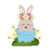 une mignonne lapin est assis dans une bleu pot parmi narcisse fleurs. Pâques lapin, vacances décor. printemps vecteur