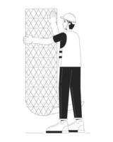 professionnel pendaison fond d'écran noir et blanc dessin animé plat illustration. caucasien Masculin revêtement mural installateur 2d lineart personnage isolé. mur couvrant monochrome scène vecteur contour image