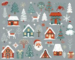 ensemble de scandi Noël éléments. main tiré Noël illustration, mignonne Maisons, des arbres, cerf, Père Noël claus. vecteur