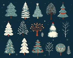 main tiré Noël des arbres. ensemble de hiver scandi des arbres. mignonne abstrait coloré des arbres. branché scandi vecteur les plantes.