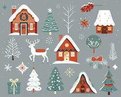ensemble de scandi Noël éléments. main tiré Noël illustration, mignonne Maisons, des arbres, cerf, flocons de neige. vecteur