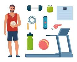 homme habillé dans des sports vêtements. Gym sport aptitude exercice faire des exercices équipement ensemble Icônes. tapis roulant, haltères, aptitude bracelet, balle, baskets, sauter corde, bouteille, siffler, Pomme. vecteur illustration.