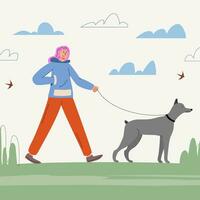femme marcher chien sur la nature ou parc paysage vecteur