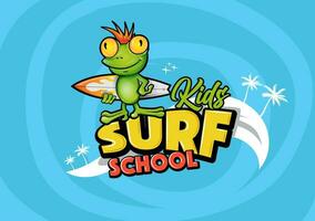 le surf école texte avec grenouille dessin animé, porter, des sports camp, voyage, bannière, le surf station.vecteur illustration vecteur