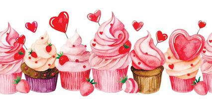 aquarelle modèle, sans couture frontière avec mignonne petits gâteaux avec rose crème et cœurs. illustration pour la Saint-Valentin journée. vecteur