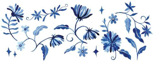 aquarelle dessin, ensemble avec fantastique bleu fleurs sur une blanc arrière-plan, ornement vecteur